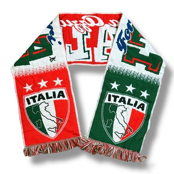 Italia Forza Azzuri Scarf Unisex Red White Green Knit Fringe Football Soccer - Picture 3 of 5
